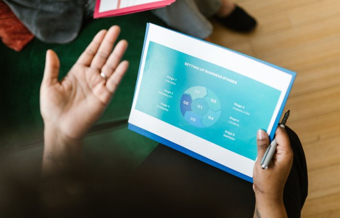 A close-up view of hands reviewing a business strategy report with graphs.