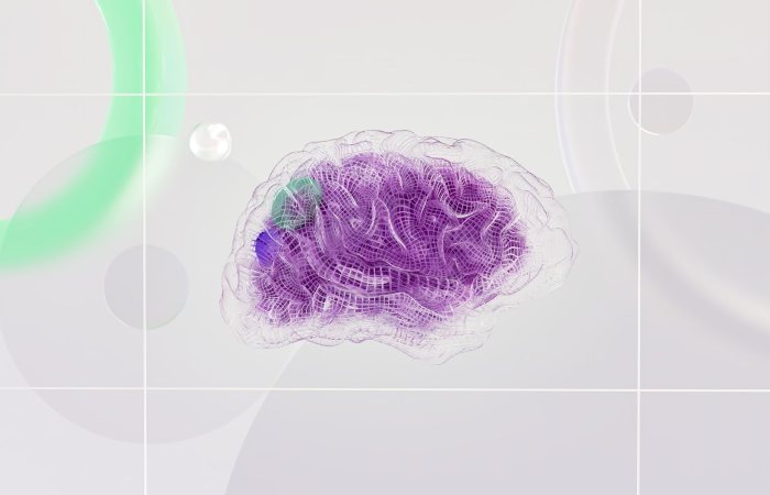 3D rendered abstract design featuring a digital brain visual with vibrant colors.