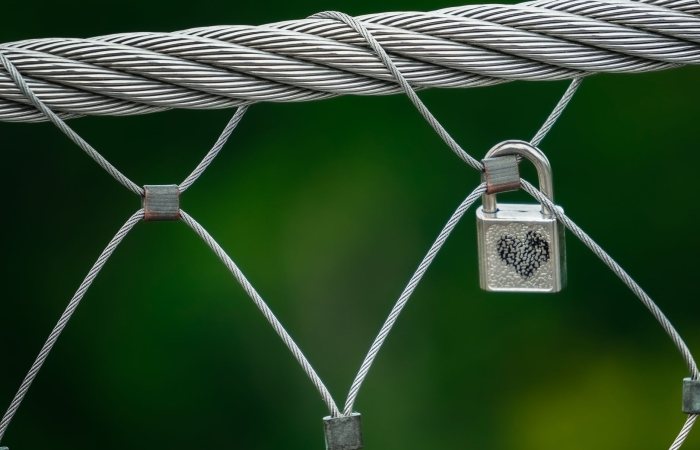 A close-up of a heart-engraved padlock on a metal wire fence with a lush green background.