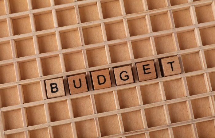 Wooden letter tiles spelling 'budget' on a wooden grid background, symbolizing finance and planning.